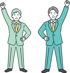 Two men in suits raising arms with confident expressions happy