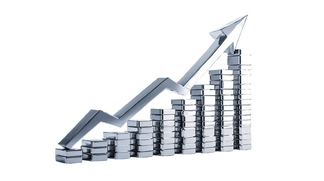 Shiny chrome financial growth chart with metallic stacked bars and rising arrow symbolizing increasing profit and success isolated on white background