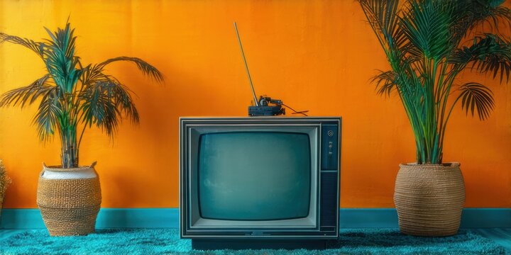 Vintage television sits between two palm plants. Bright orange wall contrasts blue rug. Retro aesthetic, simple composition.