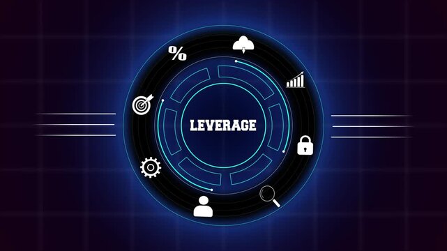 Financial leverage strategy and corporate debt management concept, featuring a glowing blue digital circular interface with icons for capital growth.