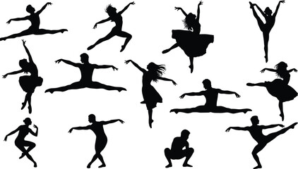 Ballet and contemporary dancers silhouettes collection, graceful male and female dance poses in black vector illustration isolated on white background for performance design © MdAbuBakkar
