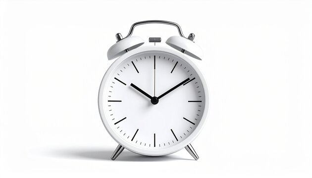 Modern alarm clock showing 6:00 AM, clean minimal composition, realistic product photography, bright studio lighting, isolated on pure white background, sharp focus, subtle shadow