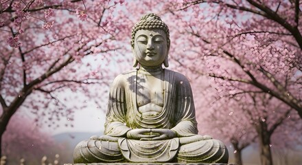 Obraz premium Buddha statue with cherry blossoms