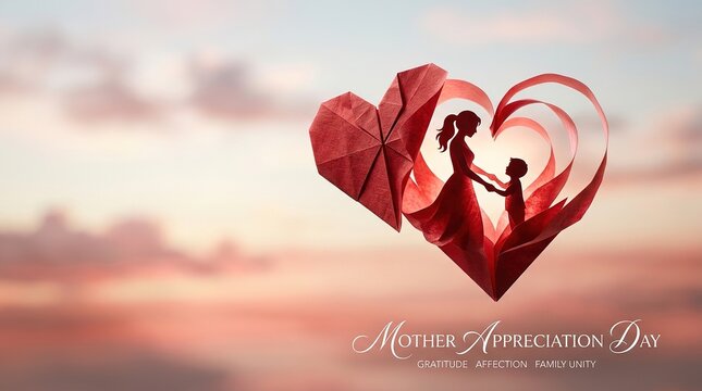 Mother and child silhouette in a red origami heart, symbolizing family love and appreciation