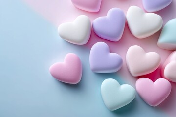 Fototapeta premium Marshmallows shaped like hearts arranged on a light pastel background, romantic concept, soft natural lighting