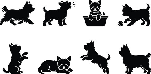 Silhouette vector illustrations of playful Yorkshire Terriers in various poses and activities