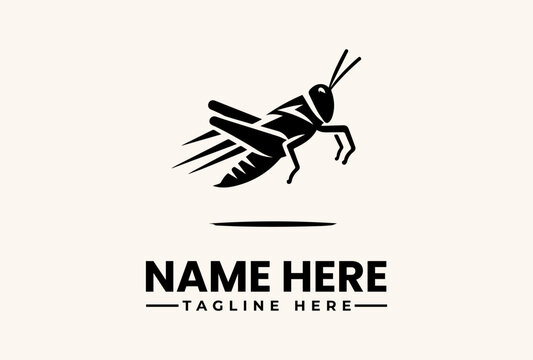 A vector illustration of a stylized grasshopper logo with wings, positioned above a customizable name and tagline on a beige background, suitable for use as a pictogram or icon.