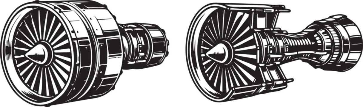 Two distinct jet engine designs are illustrated side by side in a monochrome line art style.