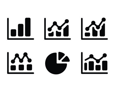 Six black icons display different types of statistical data visualization charts.