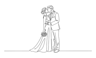 Obraz premium Continuous one line drawing of Elegant couple wearing dress kissing very attractive