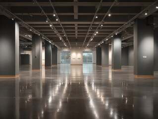 Fototapeta premium Spacious gallery hall with polished concrete floor. Modern ceiling lights illuminate dark columns. Glass doors lead to adjacent exhibition rooms. Clean, minimalist space enhances art presentation