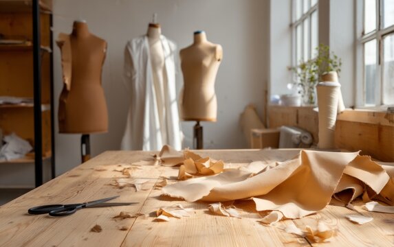 Tailor Shop in Afternoon with Fabric Offcuts and Sewing Tools on Table