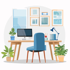 Fototapeta premium Vibrant illustration of a contemporary remote work setup featuring a computer desk, chair, and lush indoor plants