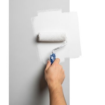 Person painting a wall with a white roller, creating a smooth and even finish isolated on white background