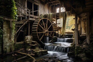 Fototapeta premium Overgrown watermill ruins with a wooden water wheel and cascading water showing decay and nature reclaiming