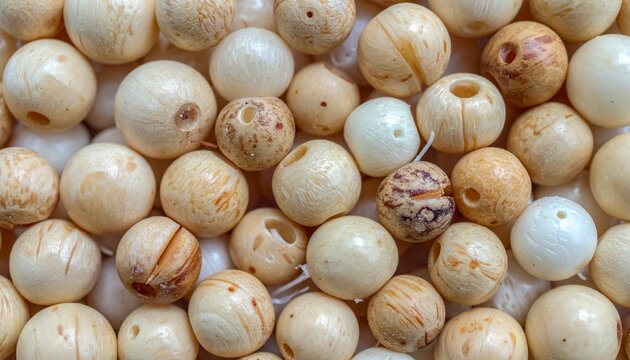 Pile of ivory-colored tagua nuts with natural markings and textures.