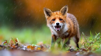 Fototapeta premium Fox Standing in Autumn Rain with Orange Background and Wet Ground