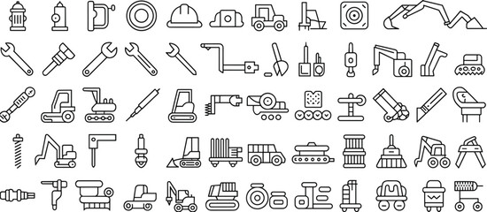 Construction machinery and heavy equipment line icons set, excavator, bulldozer, crane, industrial vehicles outline vector collection ©  Alexander Creations