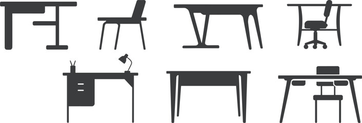 Office desk and chair silhouettes collection, workplace furniture icons set, modern corporate workspace interior equipment illustration