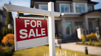 A red For Sale sign stands in the yard of a large house