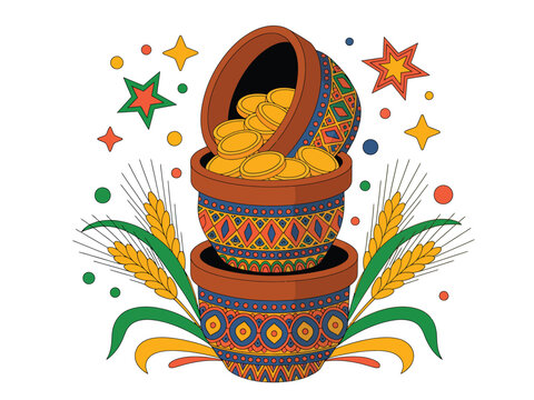 Stacked ornate clay pots overflow with shining golden coins surrounded by wheat.
