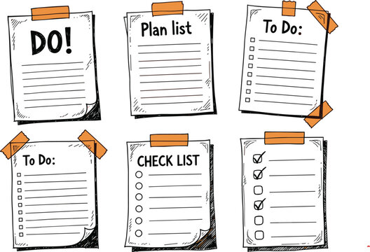 Hand drawn to do list and checklist notes set with plan list papers taped on wall, sketch style productivity reminder vector illustration