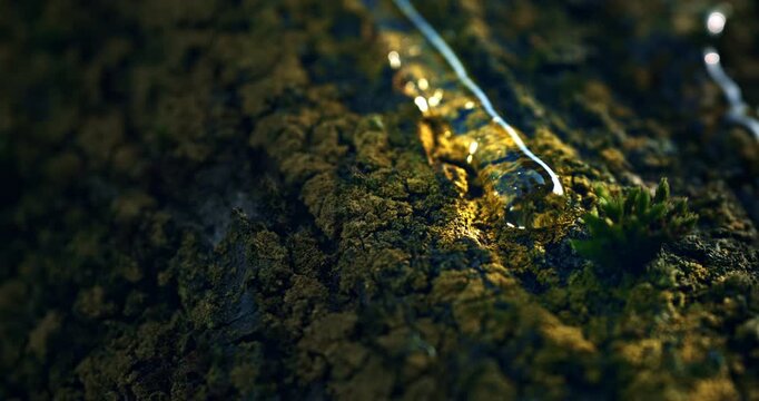 Slow Motion of Golden Resin Flowing From Tree Bark Macro Close Up. Concept of Natural Tree Sap.

