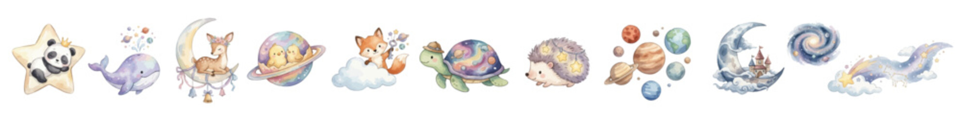 Watercolor cute space nursery clipart set with animals, planets and moons in pastel tones. Collection of Vector illustrations. Perfect for invitation, card, poster, banner, decoration © maria