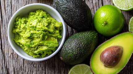 Obraz premium Fresh avocados and guacamole on a rustic wooden table with lime wedges nearby