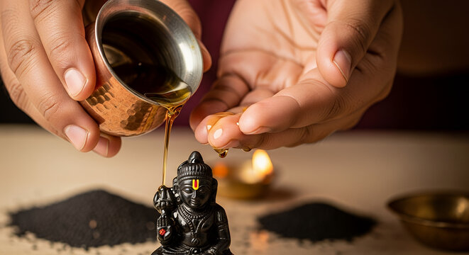 Shani Jayanti, A close-up, reverent shot of a devotee's hands gently pouring pure mustard oil from a small copper pot over a miniature, stylized black stone Shani idol.