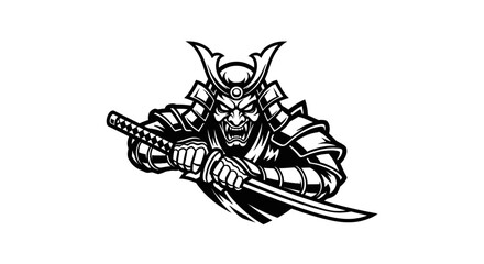 Naklejka premium Fierce Samurai Warrior with Katana Sword in Traditional Armor Black and White Illustration