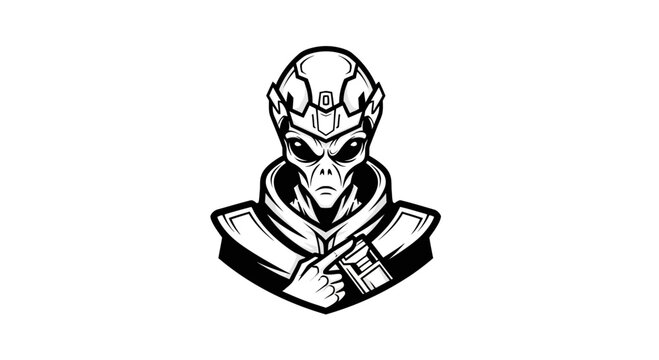 Futuristic Alien Commander Pointing Finger Monochrome Illustration