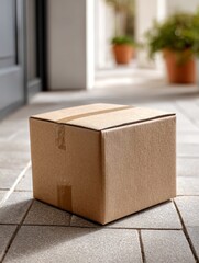 Cardboard package on modern tiled outdoor porch