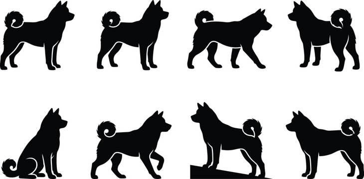 Collection of eight black silhouette dog illustrations in various poses and angles
