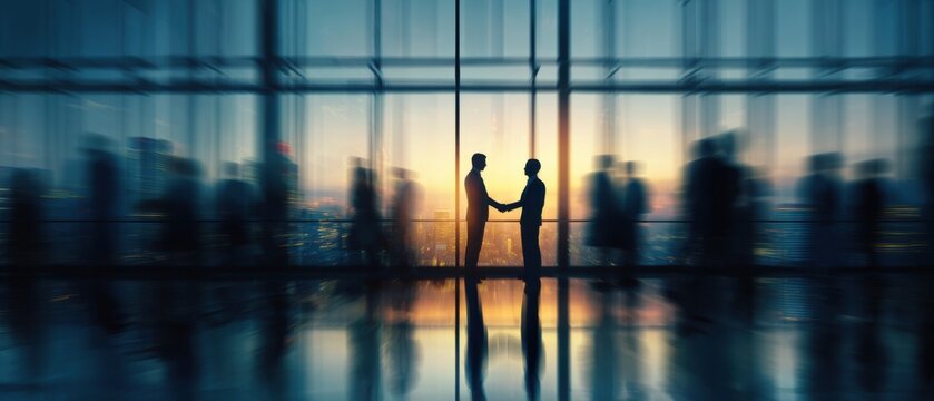 Deal sealed at sunset over the city. Success and momentum in the fast-paced corporate world.