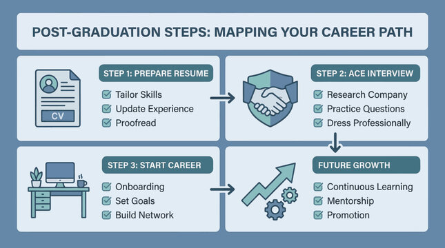 Post graduation steps career path infographic with resume interview and future growth