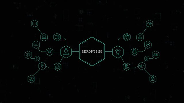 Cybernetic Reporting Flow: An intricate network of interconnected digital nodes highlights the complex dynamics of data-driven reporting, visualized against a dark, futuristic backdrop.