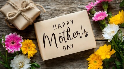 Top view Mothers Day flat lay with spring flowers gift box twine greeting card and vibrant Happy mother's Day text integrated into background crisp focus commercial lighting
