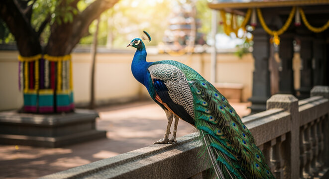 Vaikasi Visakam, A magnificent peacock (Lord Muruga's vahana) perched elegantly on a weathered stone railing within a serene temple courtyard