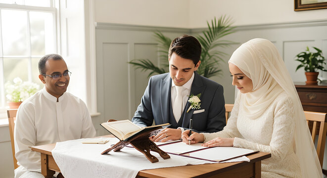 Muslim bride and groom signing marriage contract during Nikah ceremony