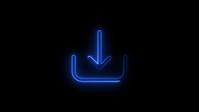Glowing blue neon download icon symbol featuring a downward arrow in a tray on a dark black background, ideal for futuristic technology concepts, data storage solutions, and web interface design.