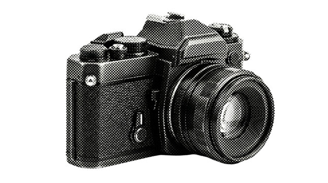 Vintage analog camera black and white halftone dot pattern retro illustration