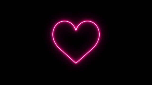 glowing pink flickering neon heart light sign isolated on a black background for valentine's day romance and love concepts, vibrant electric magenta heart outline silhouette with soft light glow