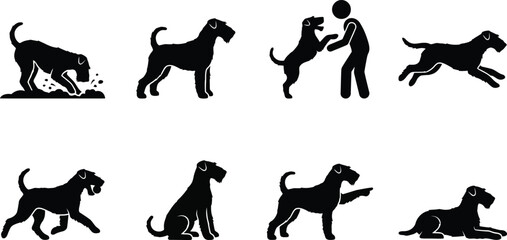 Fototapeta premium Vector illustration of playful dog silhouettes interacting with a person in various poses
