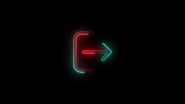 Modern neon exit symbol featuring a vibrant glowing red and green arrow pointing outward from a doorway shape, set against a minimalist pitch black background for tech and interface design.