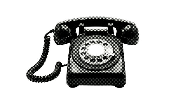 Vintage rotary dial telephone black and white halftone dot pattern retro illustration
