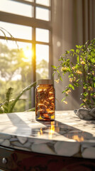 Amber glass bottle with gold fish oil capsules or vitamin D softgels on a marble table in a sunlit room with green plants, symbolizing natural health, wellness, and a balanced organic lifestyle
