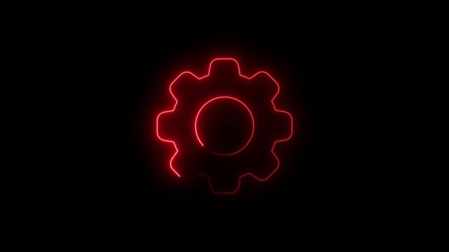 glowing red neon gear icon on black background, futuristic digital engineering and technology configuration concept, industrial mechanics and software settings symbol illustration