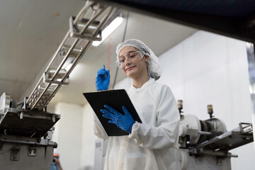 Packaging of canned fish. Packing canned fish in the warehouse. Worker working, writing clipboard...
