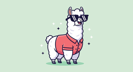 Fototapeta premium Cool Llama Wearing Sunglasses and a Shirt Cartoon Illustration.